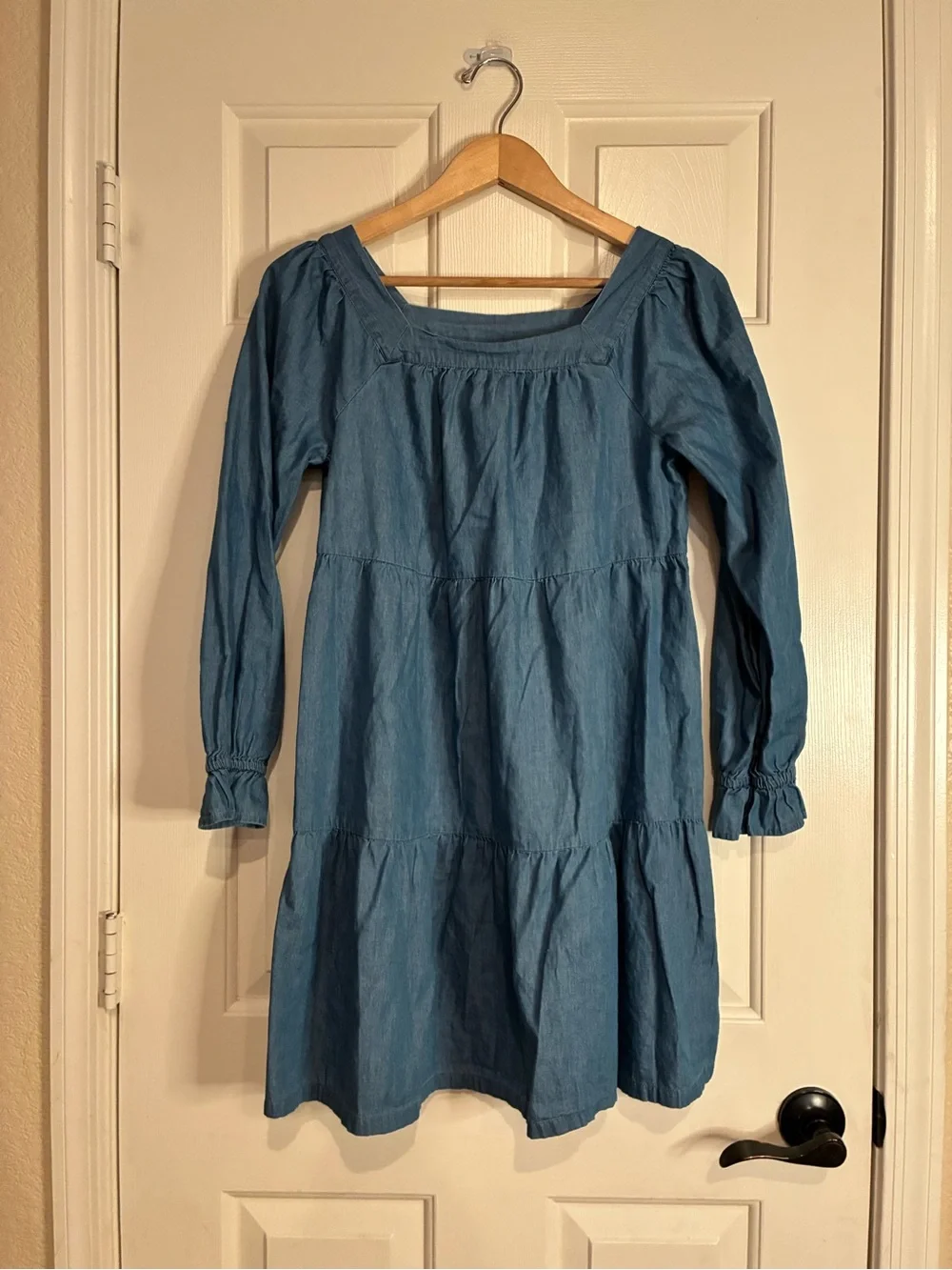 GAP Blue Denim-Style Tiered Long-Sleeve Girls Dress